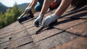 Close up of roofer's arms with tools measuring shingles for roof replacement