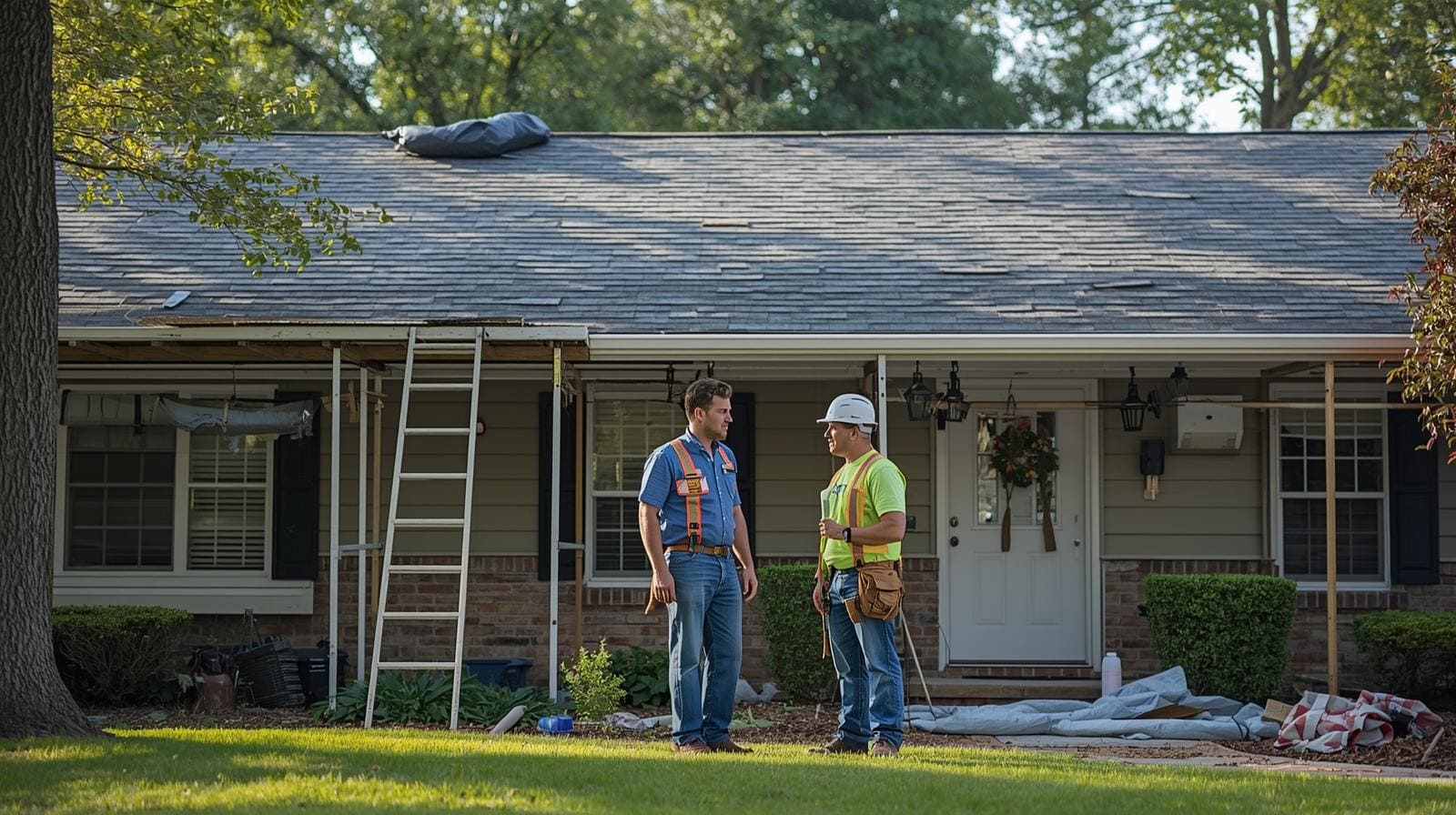 Roofer consulting with a homeowner before a residential roof replacement