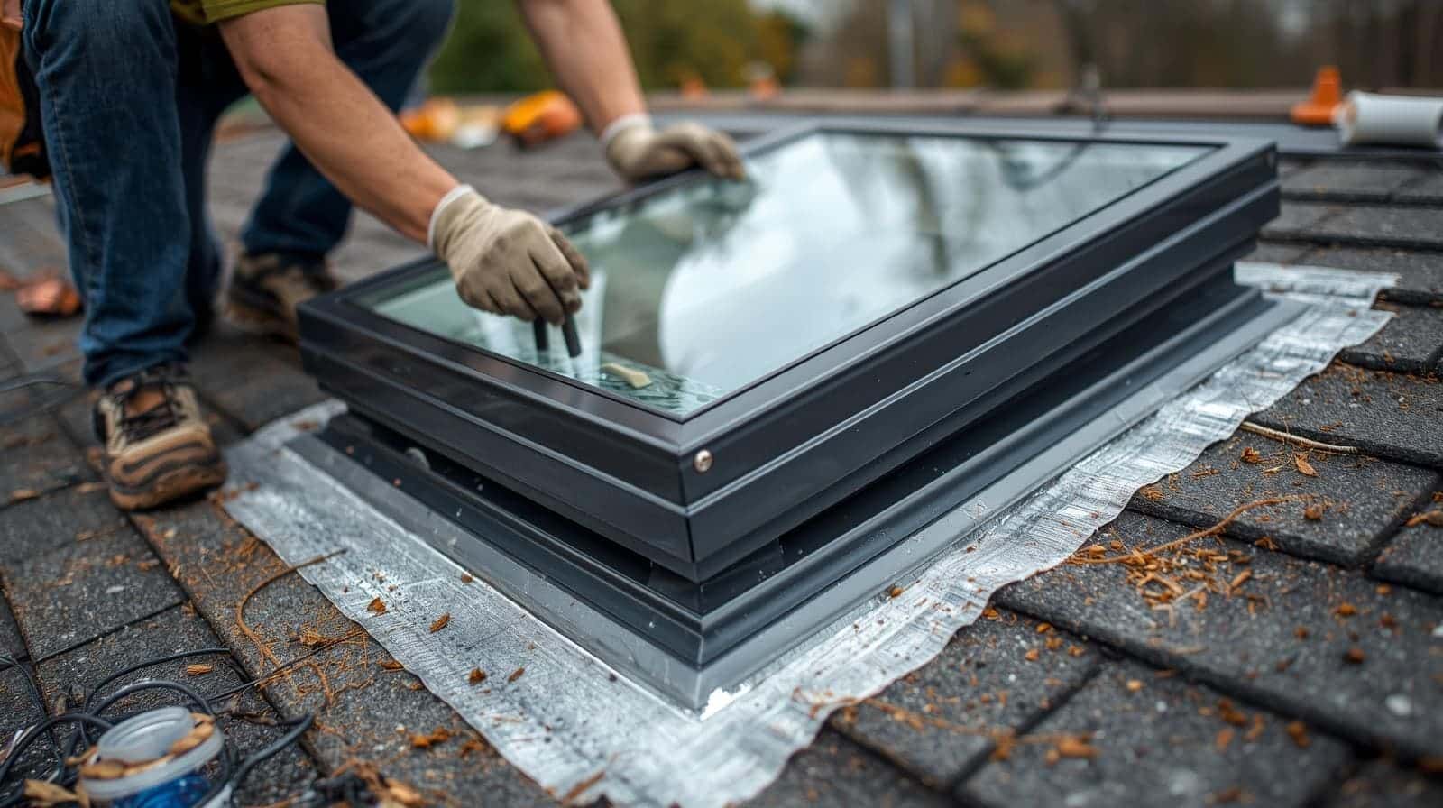 Roofer installing new skylight on residential home