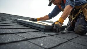 Roofer installing a new skylight on a residential home