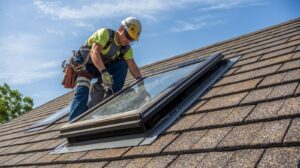 Roofer installing a skylight on a shingle roof