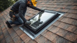 Roofer on top of roof installing a new skylight