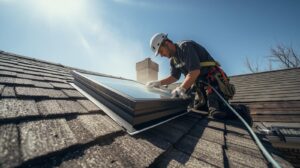 Roofer installing new skylight on residential home on a bright sunny day